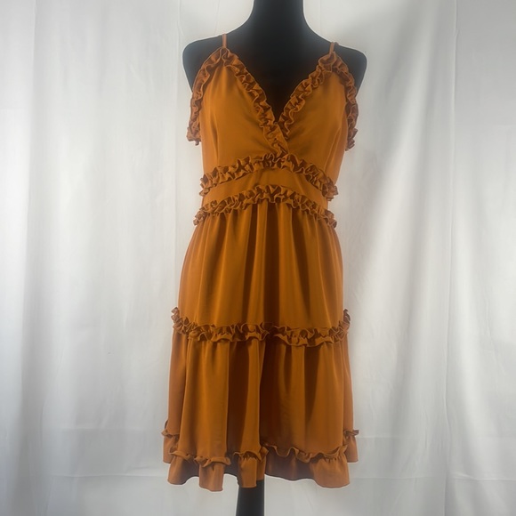 Ruffled Orange,brown dress, zipper back, adjustable spaghetti straps, Large - Picture 9 of 9
